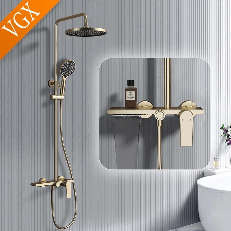 VGX Gold Shower System Set Bathroom Shower Faucet Set 3-way Rainfall Shower Set Shower Mixer Crane with Hand Shower Set Black
