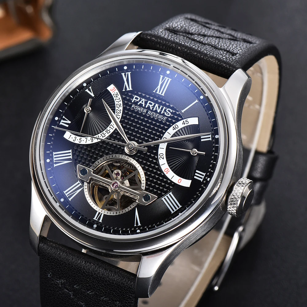 Casual 43mm Parnis Black Dial Date Power Reserve ST 2505 Automatic Men Watches Leather Strap Mechanical Watch Top Luxury Brand