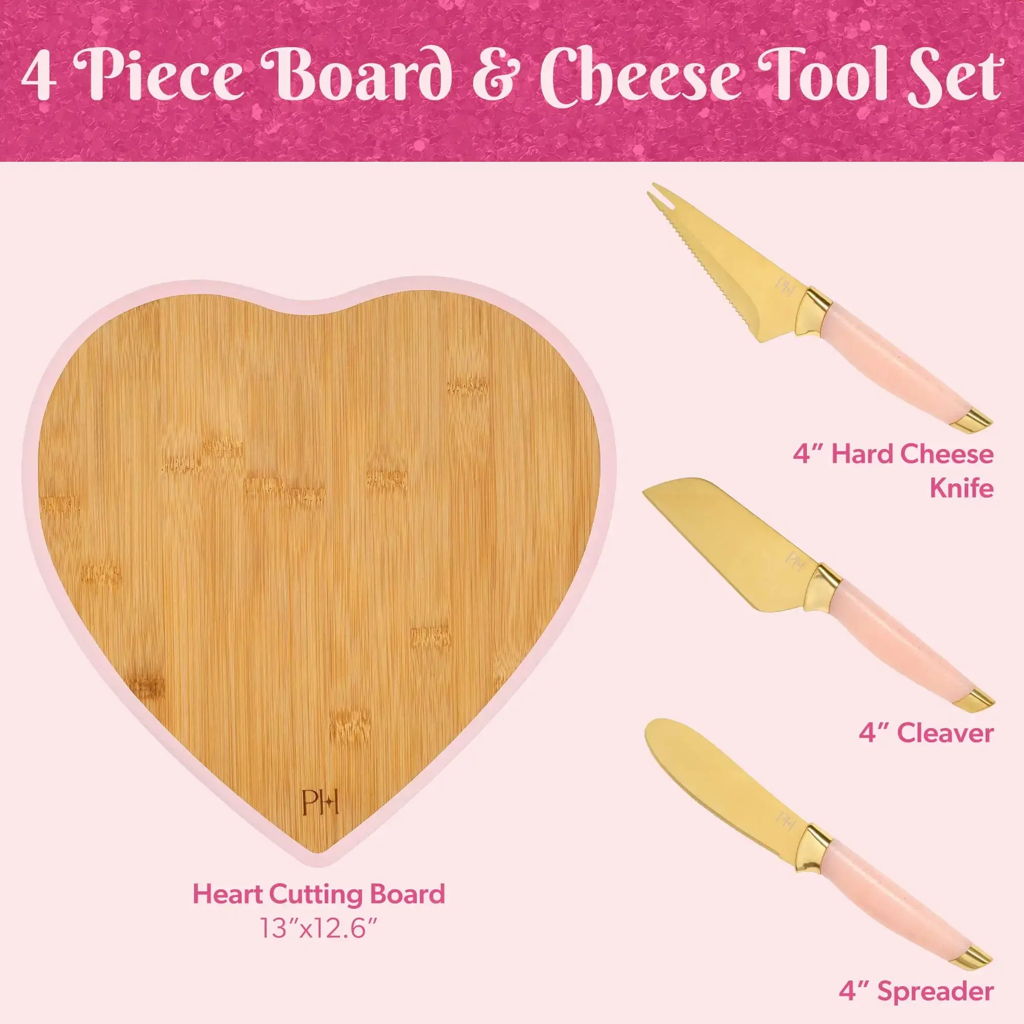 Conjunto de tábua de queijo de 4 peças com grande tábua de bambu reversível em forma de coração rosa, para servir e entretenimento