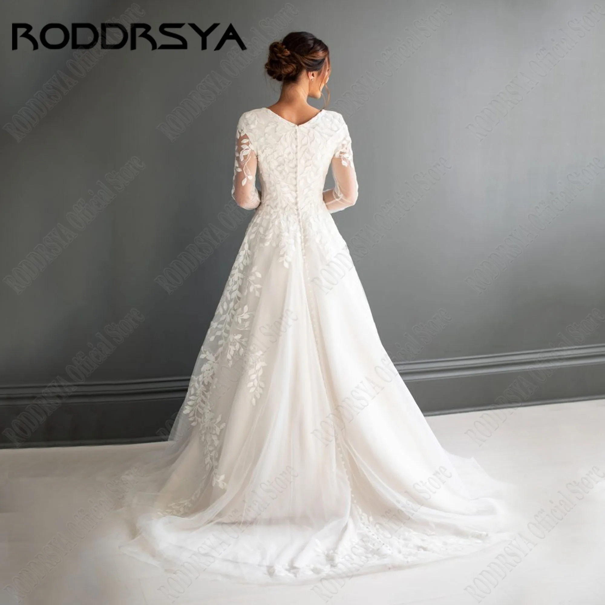 Roddrsya muslimische volle Ärmel Hochzeits kleid Applikation Spitze V-Ausschnitt Zivil Brautkleider Sweep Zug Vestido de Novia angepasstRODDRSYA Muslim Full Sleeve Brautkleid Applique Spitze V-Ausschnitt Zivil Brautkle – Detail 10