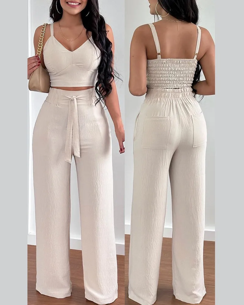 Sexy Spaghetti Crop Tops Pant New In Matching Sets Women Hight Waist Pants 2 Piece Sets Women Outfit Summer Backless Print Suit