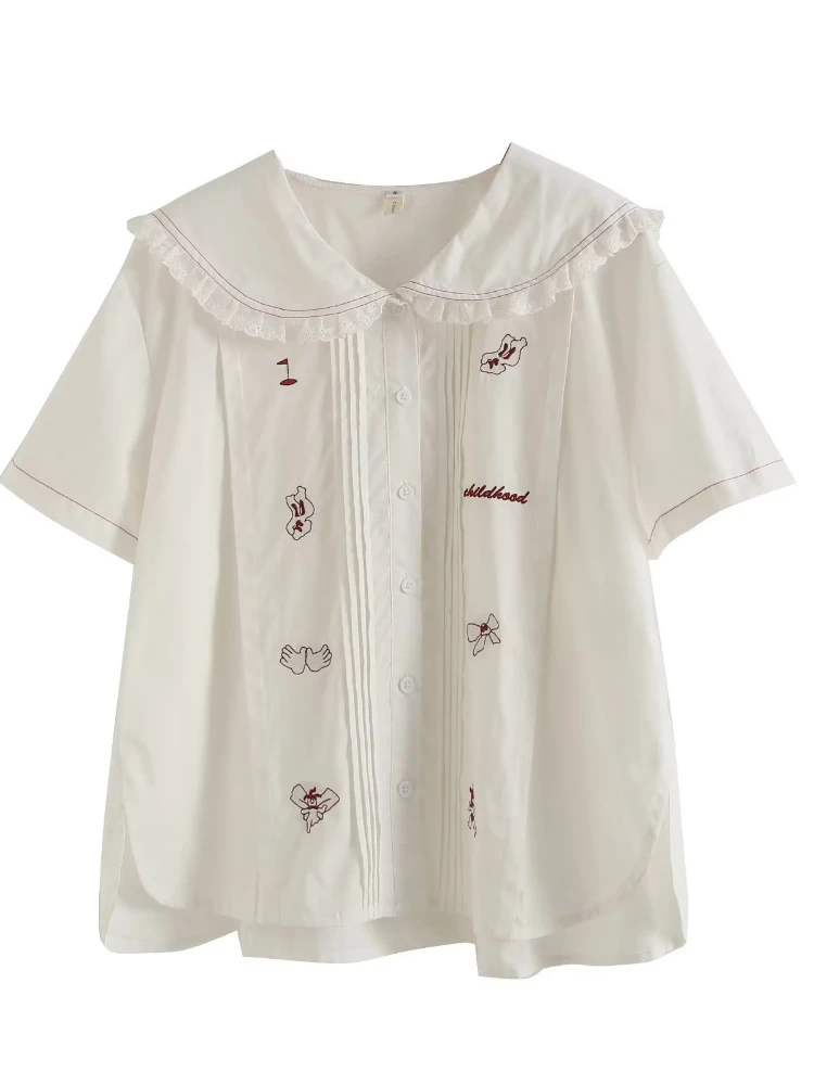 Women Cotton Shirts Graphic Embroidery Sweet Style Girl White Tops 2024 Autumn Ruffles Patchwork Kawaii Cute Blouse