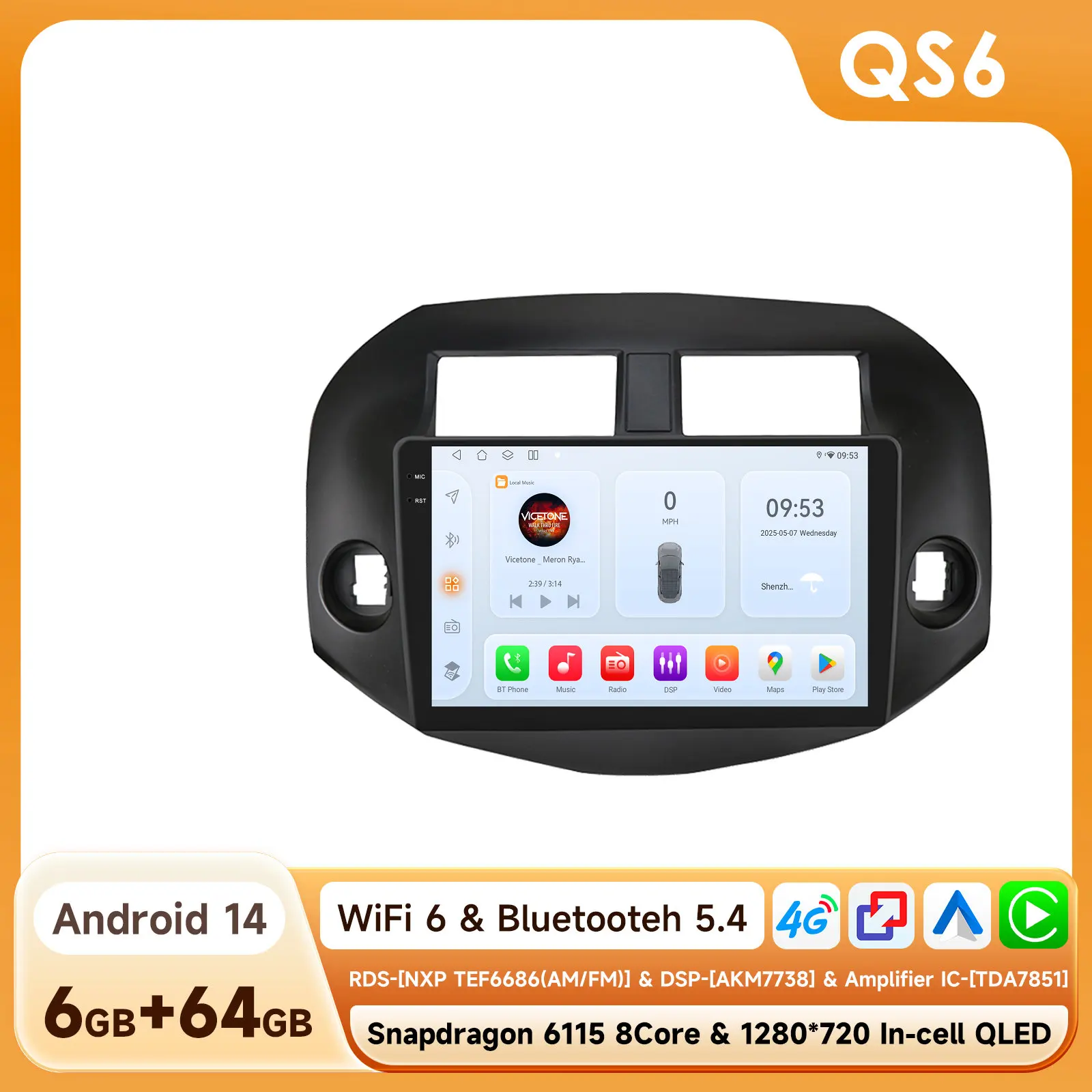 Hizpo 8+128G Android 14 autoradio voor Toyota RAV4 2007 - 2011 Carplay autoradio stereo multimediaspeler Ai Voice 4G WiFi 6115