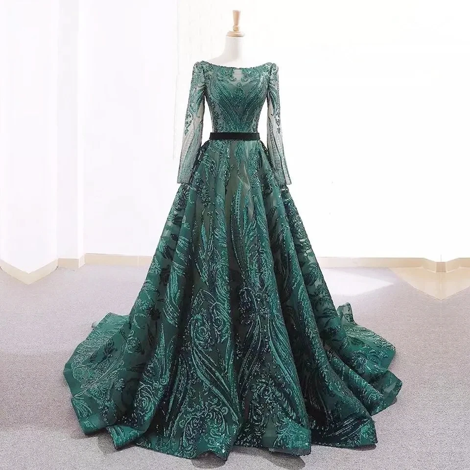 Vestido De noche verde De corte en A De Dubái para mujer musulmana, vestido Vintage De manga larga personalizado con lentejuelas brillantes, vestidos para fiesta De graduación