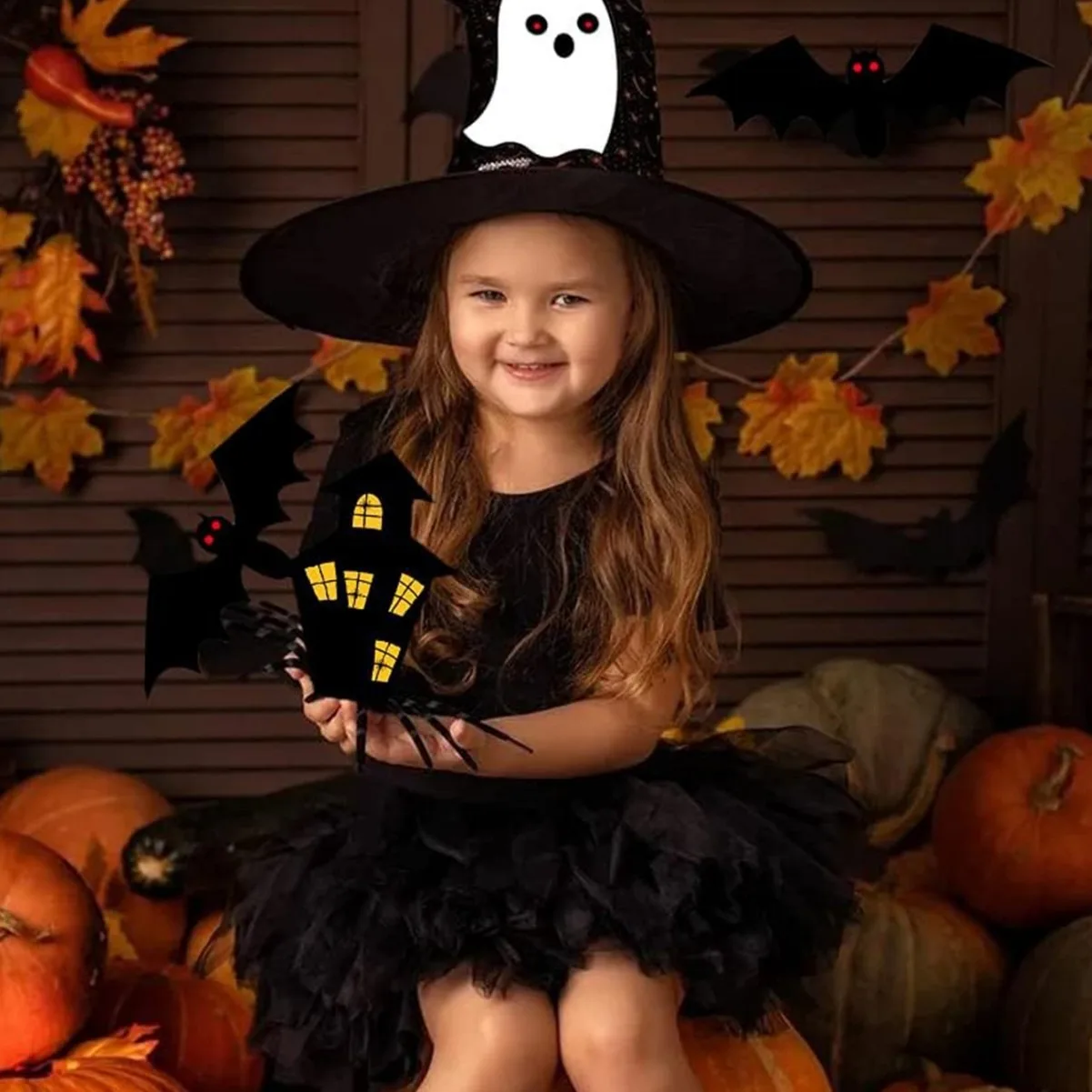 Halloween Photo Booth Props Set with Pumpkin, Ghost, Bat, Witch Hat, Spider and Skull Signs description 2