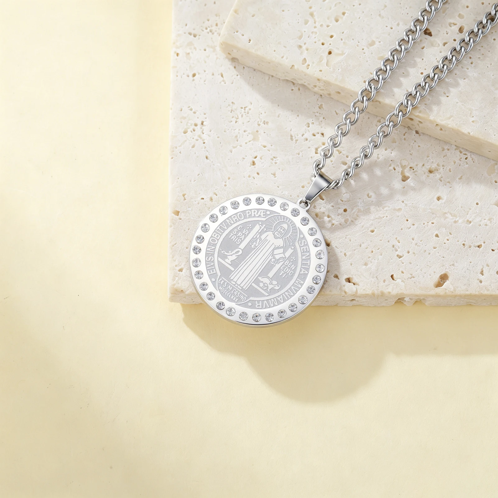 Catholic Saint Benedict Pendant Necklace Engraved Double Sided Medal Zircon Decor Stainless Steel Religious Amulet Necklace