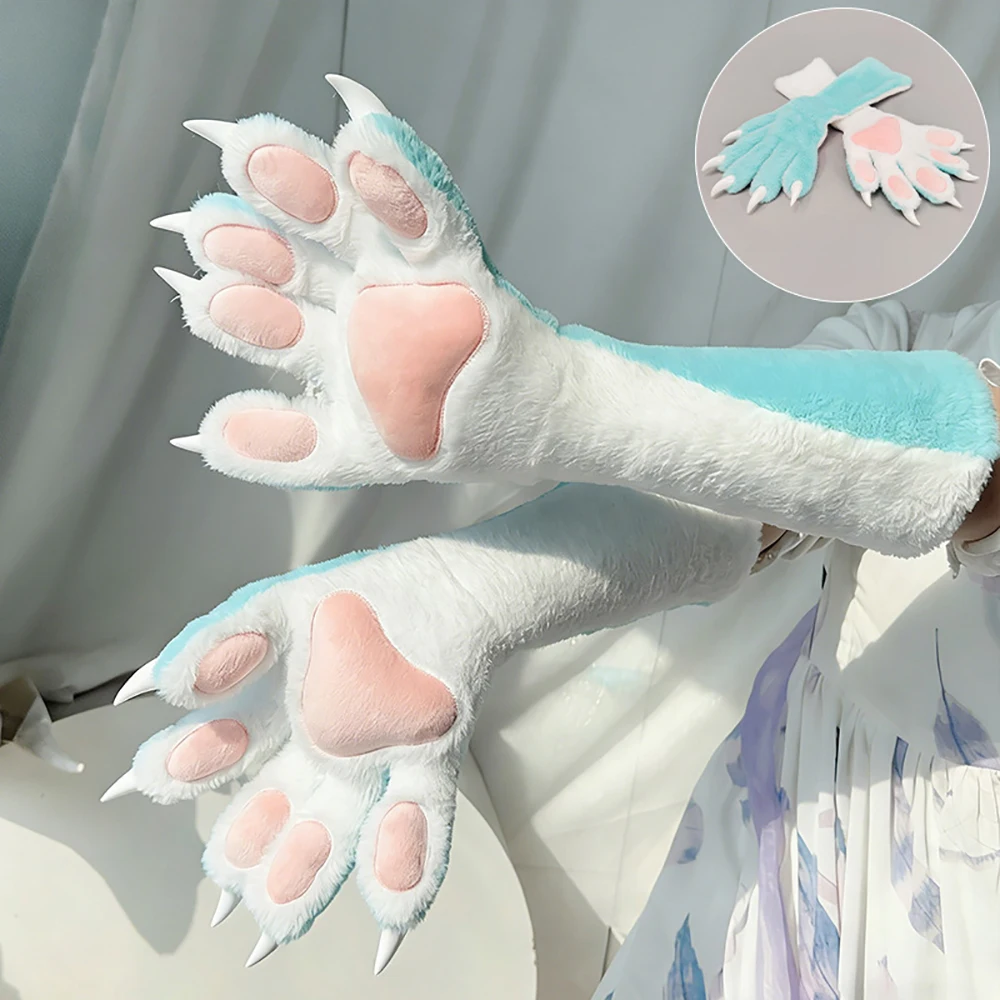 Anime Faux Fur Animal Fursuit Paw Gloves Thicken Plush Pads with Nails Animal Claw Mittens Cartoon Halloween Cosplay Props