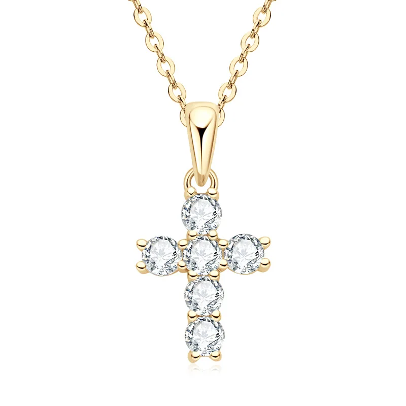 LYCFN 3MM*6pcs Moissanite Cross Pendant Necklace For Women S925 Sterling Silver 18k Gold Plated Chain Wedding Fine Jewelry