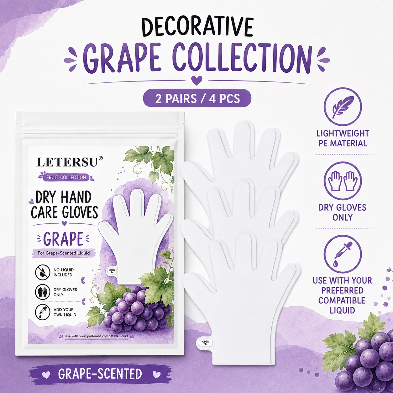 4PCS Grape Dry Hand Mask Gloves Moisturizing Hand Care Spa Gloves Empty Gloves for Dry Hands Add Your Own Liquid
