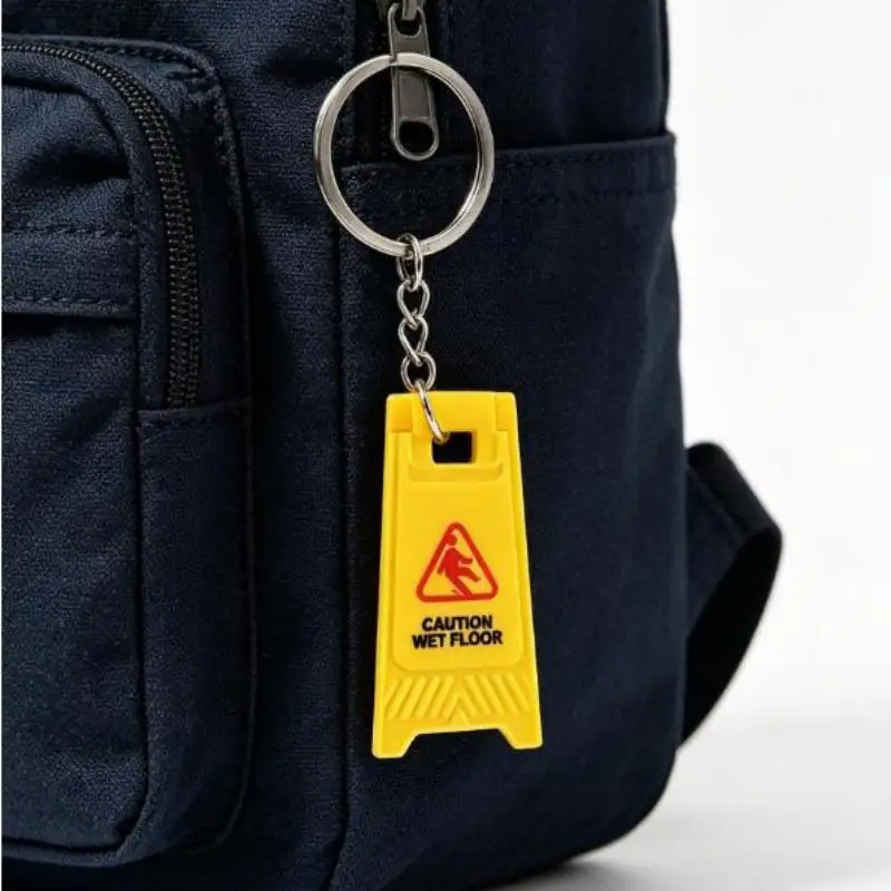 1/3 Stück "VORSICHT NASSER BODEN" Faltbares Warnschild Schlüsselanhänger Modischer Rucksackanhänger Autoschlüsselanhänger Partygeschenk – Detail 3