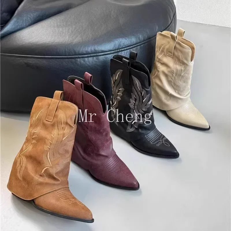 

Burgundy Booties Women's Fall-Winter 2025 New Sleeve Women's Boots Vintage Embroidery Western Cowboy Boots Women