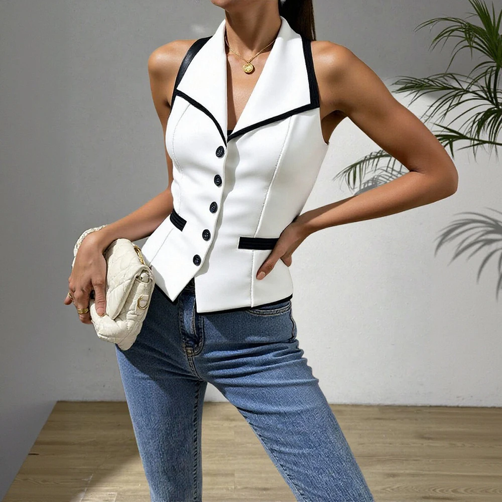 Damen-Herbsthemd 2025, gekerbter Kragen, bequemes Hemd mit Knopfleiste vorne und Kontrastbesatz, ärmellos, urban chic