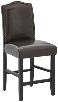 Counter Height Bar Stools Set of 2, Brown PU Upholstered, Bronze Nail Backrest, Solid Wood Legs