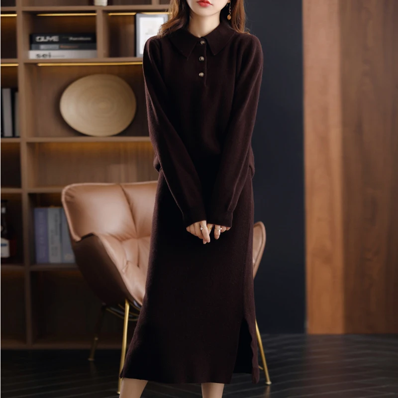 AutumnWinter Fabric Andy Cashmere Knit Pullover Women Fashion Long Skirt Two-Piece Polo Collar Casual Sweater Loose A-Line Skirt