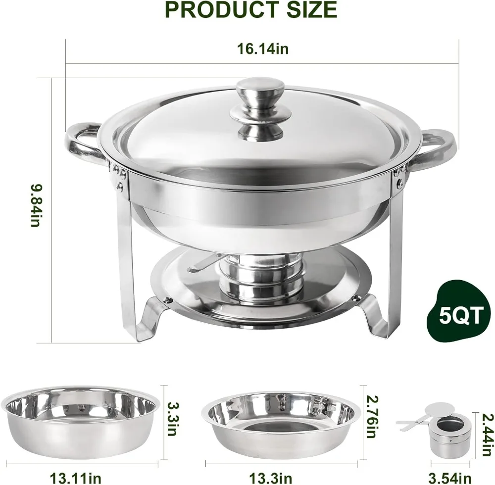 Chafing Dish Buffet Set of 2 Pack, 5QT Round Stainless Steel Chafer for Catering, Upgraded Chafers and Buffet Warmer Sets