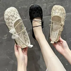 Buty dla kobiet 2024 Przezroczyste Kawaii Damskie Letnie Obuwie z Kokardką Śliczne Białe Płaskie Przezroczyste Płaskie Okrągłe Palce Moda Beau Today