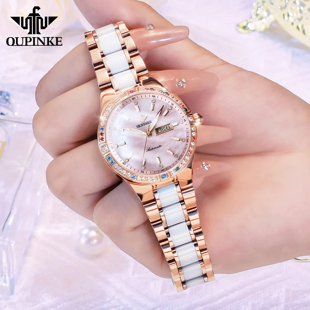 OUPINKE 3283 Women Watch High Imported Luxury Women Automatic Mechanical Watch Brand Calendar Diamond Elegant Ceramic Bracelet