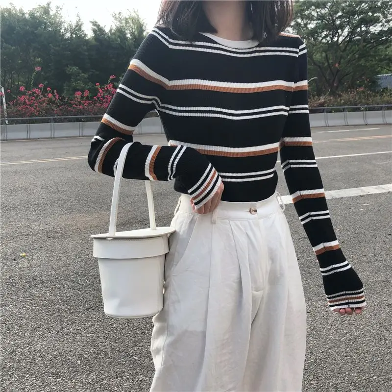 

New Striped Sweater Women Korean Version Slim Fit Contrasting Color 2024 Versatile Sweater Autumn Winter Long-Sleeved Bottoming