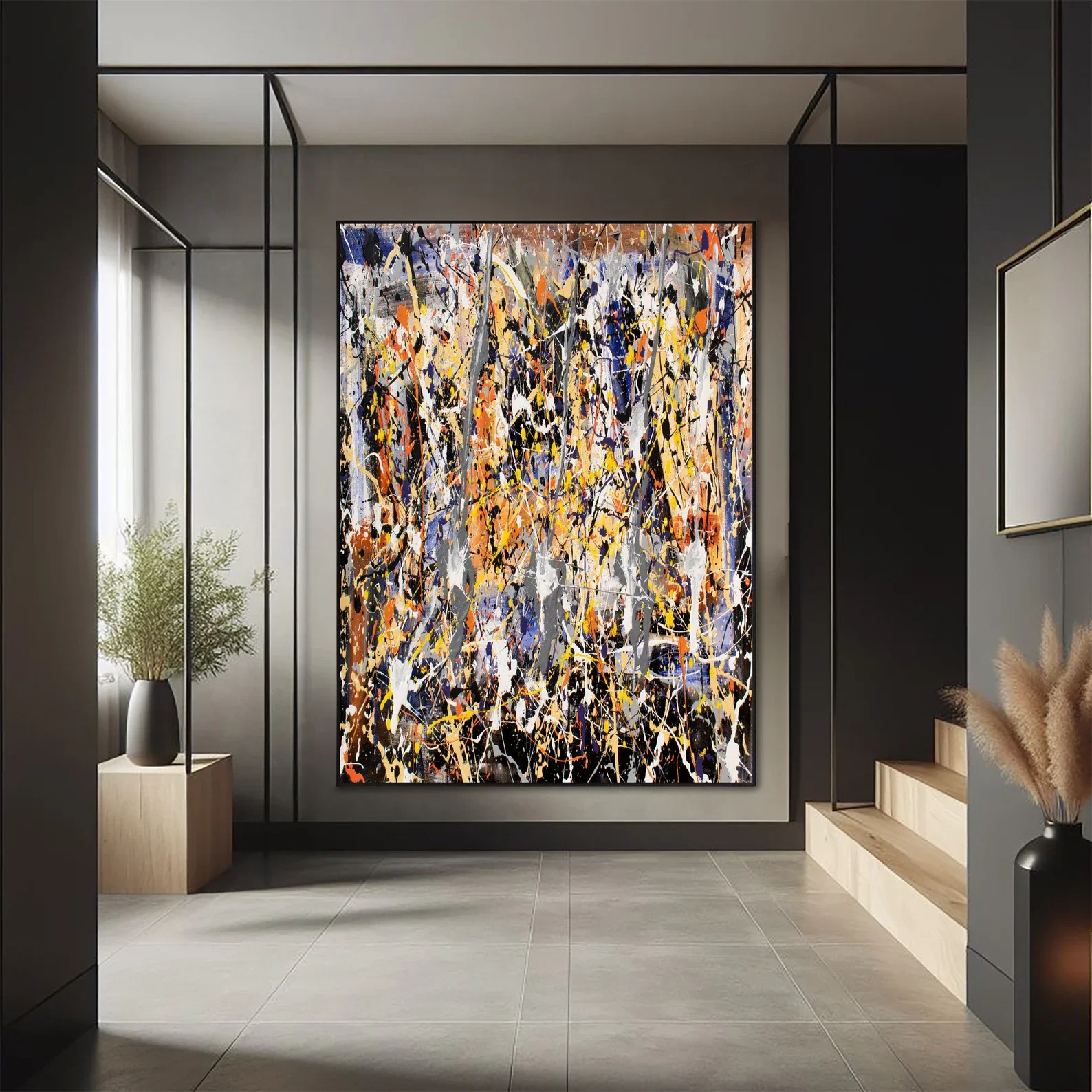Colorful Chaos Abstract Canvas Art Jackson Pollock Inspired Blue Black Splatter Drip Painting Wall Decor For Home