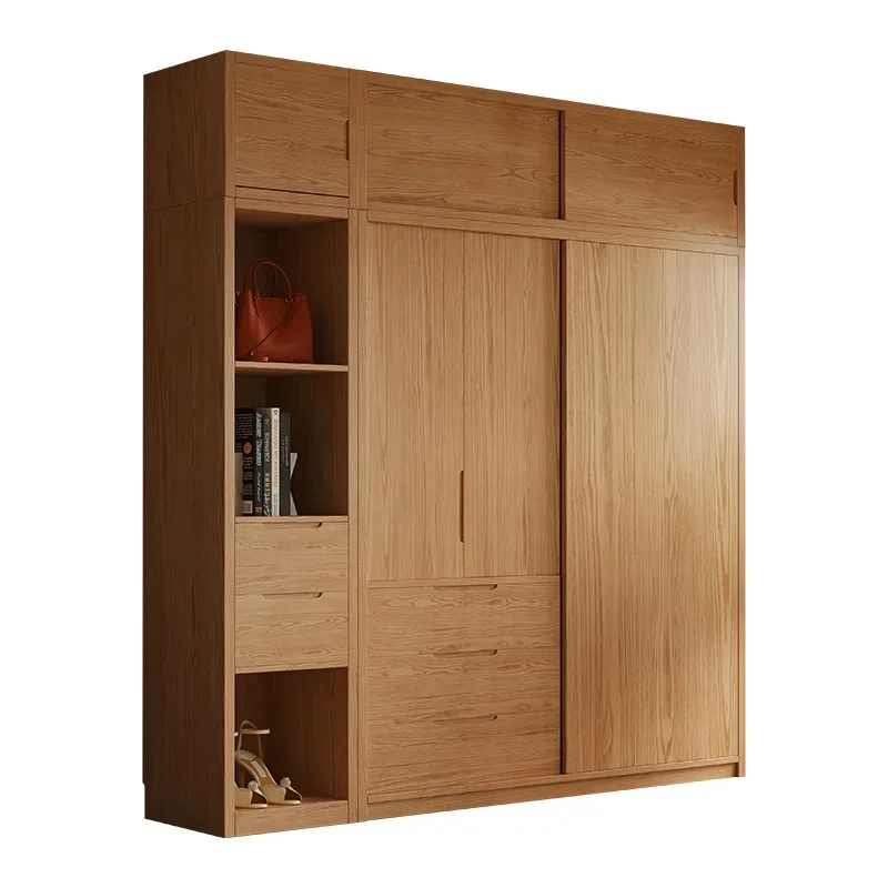 All solid wood FAS grade oak sliding door wardrobe household bedroom log color sliding door assembly finished wardrobe