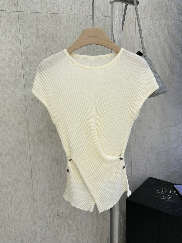 

Вязаная рубашка с перекрестной талией, женская, с боковыми разрезами, на пуговицах, текстурированная, шерстяная, модная, свободного кроя, с круглым вырезом, с коротким рукавом, весна-лето