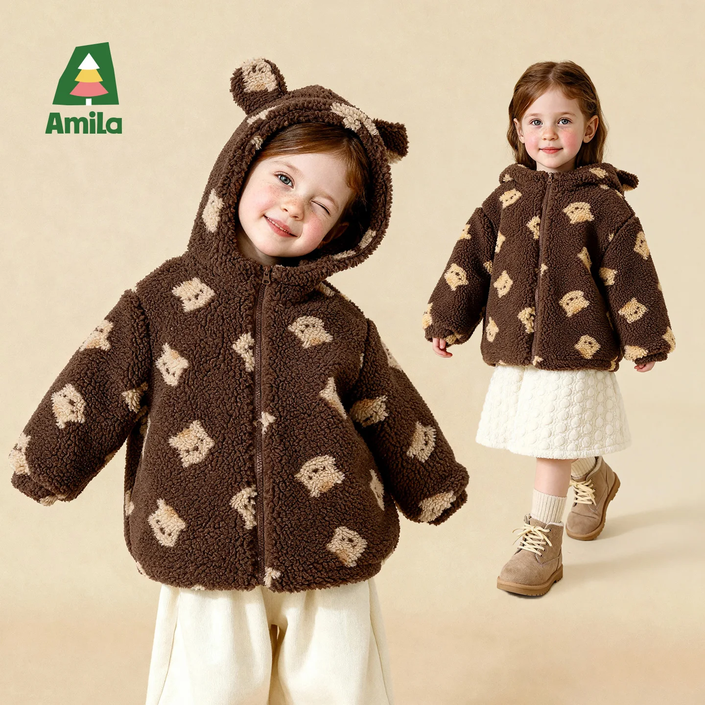 

Зимняя детская бархатная толстовка Amila Kids с теплыми медвежьими ушками и молнией, доступны веселый и подлинный медведь/цветочный узор