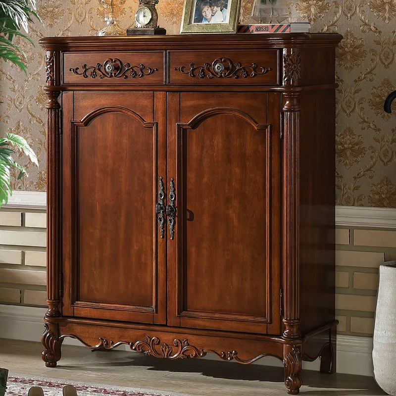 Two-door shoe cabinet Solid wood household three-door shoe cabinet European retro four-door locker Door multi-layer shoe rack