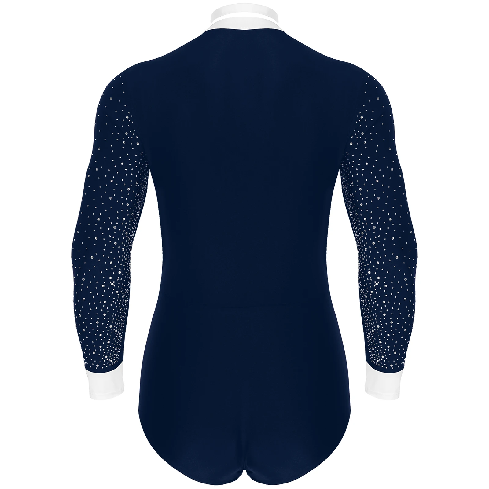 Mens Latin Rumba Ballroom Dance Performance Costume Long Sleeves Shiny Rhinestones Tango Cha-Cha Leotard Bodysuit with Bowtie