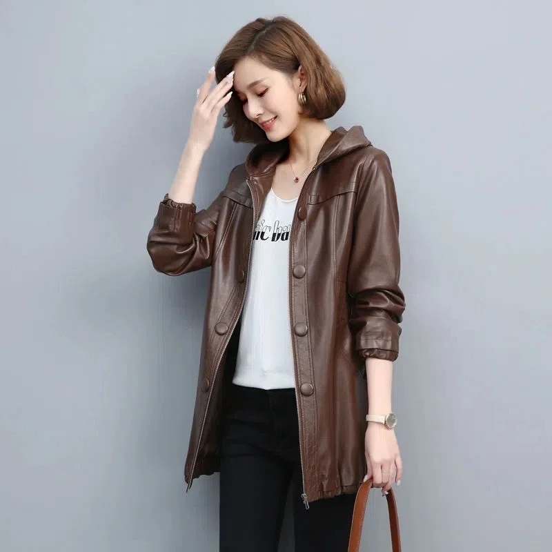 Black PU leather Jacket Women\'s 2024 Spring Autumn New Slim Hooded Leather Windbreaker Coat Thicken Cotton Long Parkas Overcoat