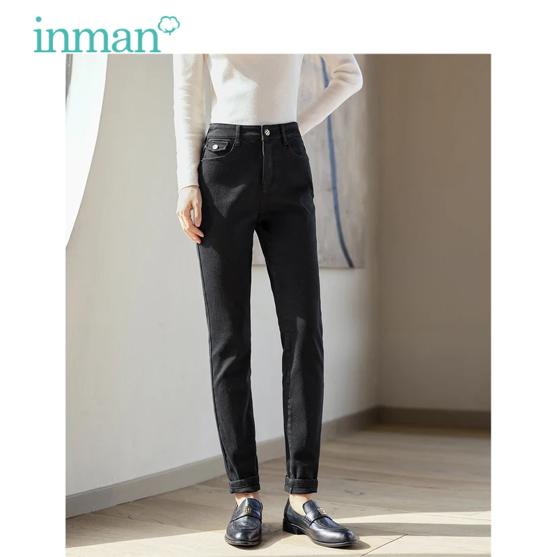 

INMAN Women Plush Leggings Jeans 2023 Winter High Waist Slim Stretch Denim Pants French Commuting Casual Versatile Trousers