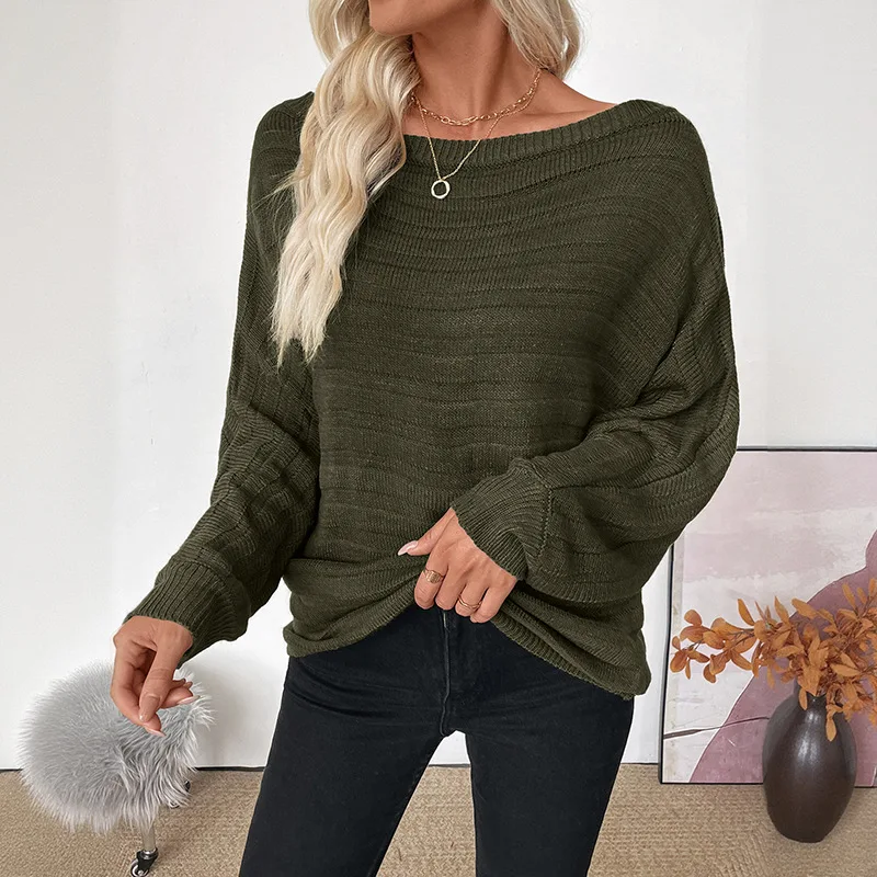 

2025 Autumn and Winter New Casual Light and Mature Wind Loose Horizontal Stripes Shoulder Green Sweater Women