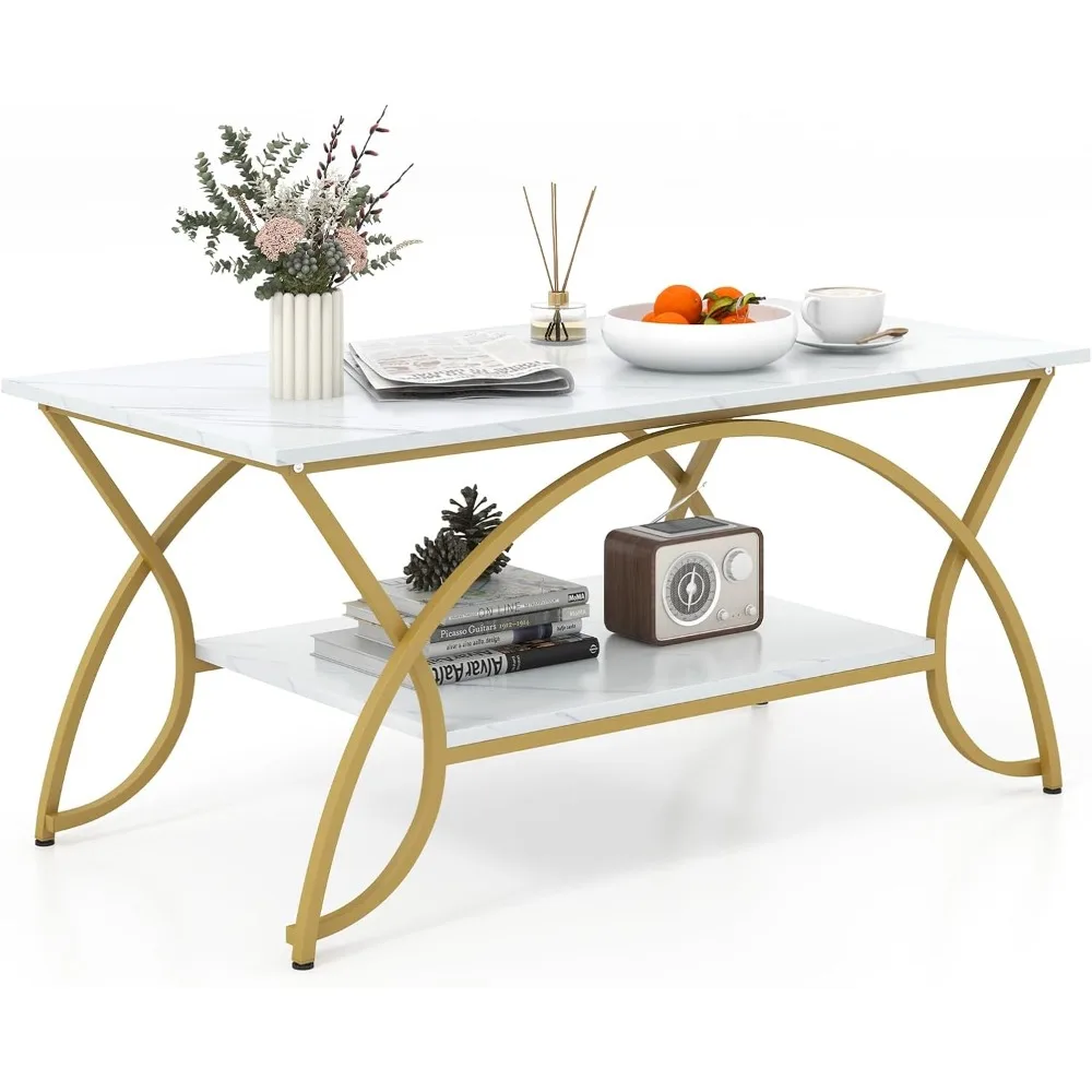 

Marble Coffee Table, 2-Tier Modern Faux Marble Accent Table with Storage and Gold Finished Metal Frame, Chic Rectangular End Ta