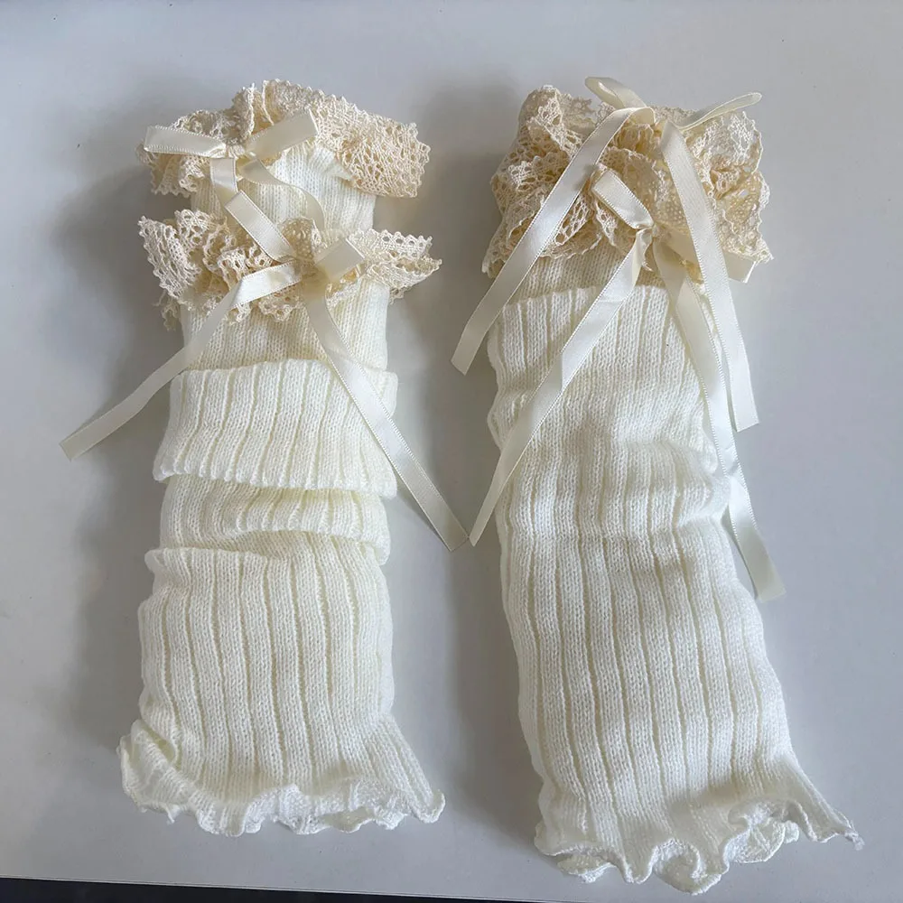 

Модные гетры в стиле Харадзюку с бантом, однотонные длинные носки, вязаные чулки в стиле Лолита, милые вязаные накладки на ноги, осенние