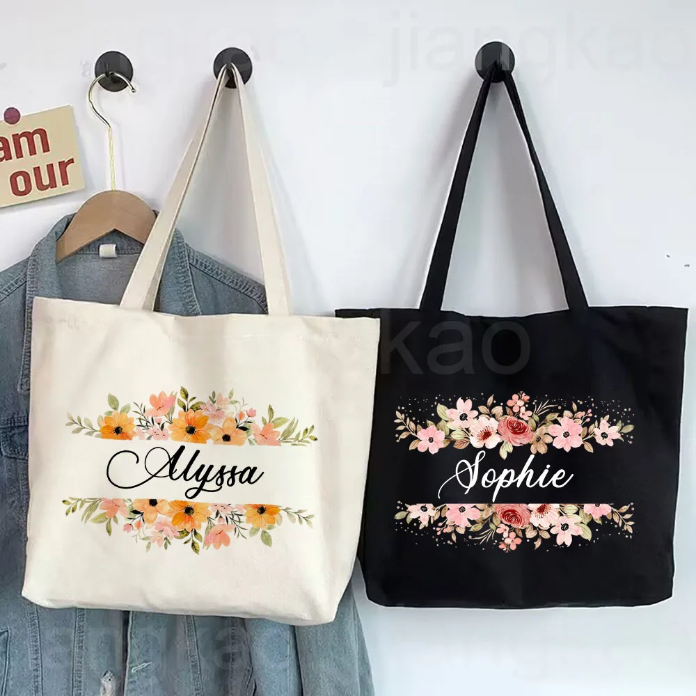 Personalized Floral with Name Tote Bag Women Canvas Shopping Bag Handbags Monogram  Shoulder Bags Birthday Wedding Gift for Her