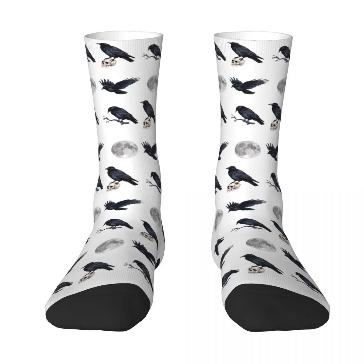 Trendy Black Raven Crow ,skull And Moon Pack Socks Harajuku Stockings All Season Long Socks Accessories for Unisex Gifts