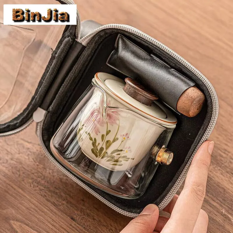 Handpainted Small Daisy Travel Tea Set Household Glass Side Handled Teapot  1 Pot 2 Cups Maker Portable Decoration