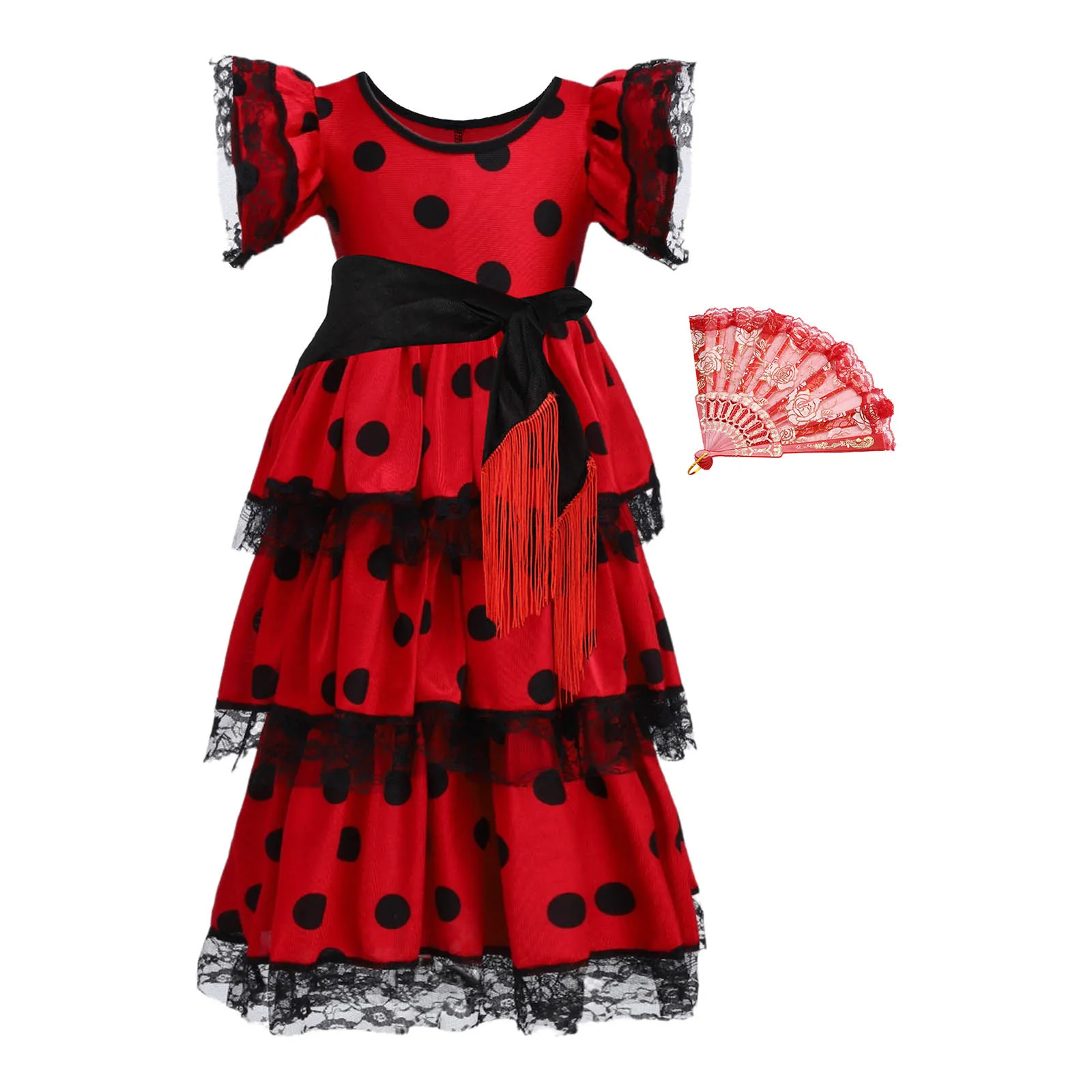 

Kids Girls Spanish Flamenco Dance Dress Flying Sleeves Polka Dot Lace Hem Layered Ruffled Dress+Matched Fan+Waist Belt Halloween