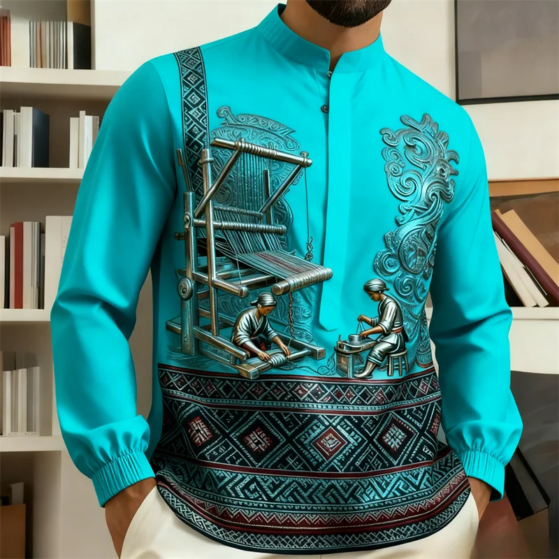 男性の伝統的な民族衣装のシャツ |   3D織りアートプリント |   中国風の立ち襟長袖 |   お祭り/オフィス文化 フォーマル/カジュアル