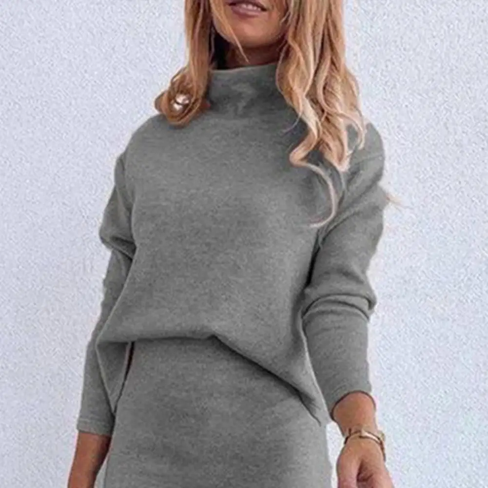 Women Fall Suit Set Elegant Women\'s High Collar Sweater Skirt Set Solid Color Long Sleeve Top Mid-calf Length Skirt Office