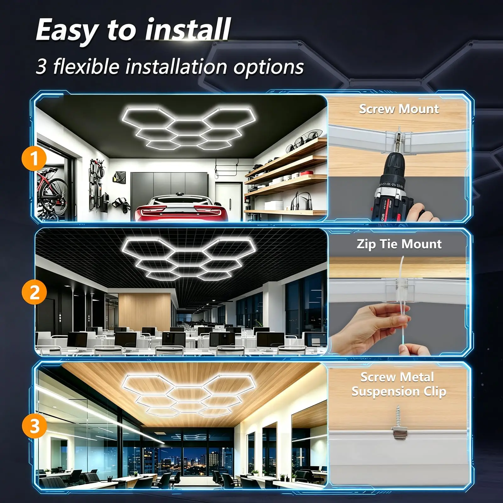 LED Garage Lamp DIY Lighting Space White Light 6500K Barber Shop Gym Tool Room Garage Honeycomb Hexagon Ceiling Light
