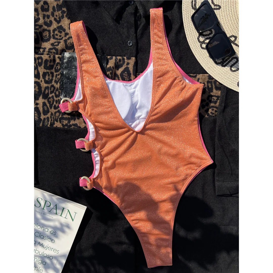Glänzender, glitzernder, funkelnder, ausgeschnittener, einteiliger Badeanzug für Damen, Badebekleidung, Badeanzug mit hohem Beinausschnitt, Badeanzug, Modell V4451 – Detail 14