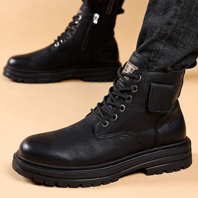 

Outdoor Casual Retro Men's Warm High-top Work Boots Men's Leather Shoes Men's Autumn And Winter Velvet British Style Boots 38-44