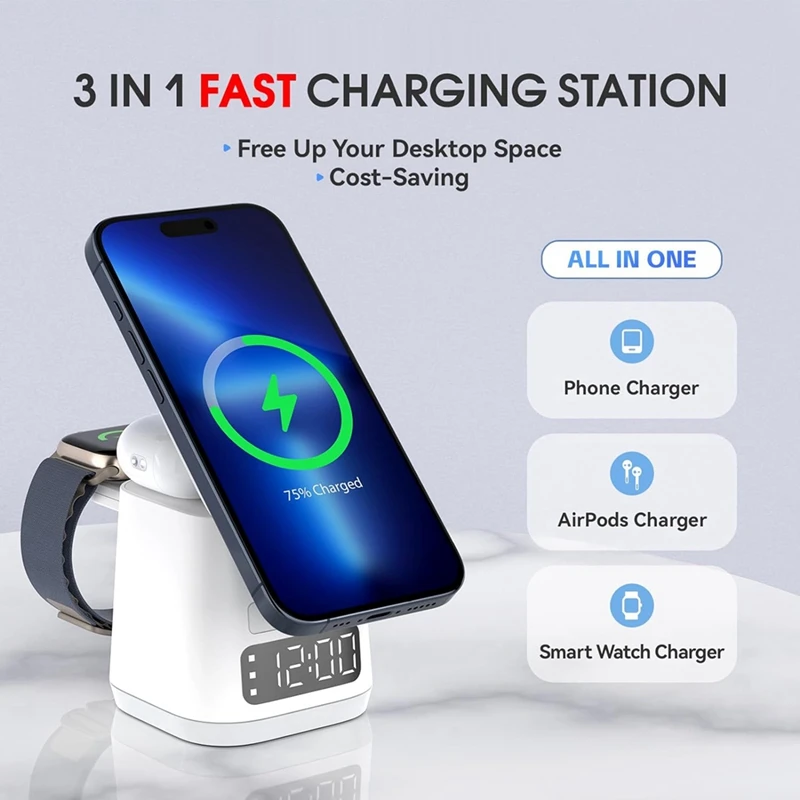 Versatile 3-In-1 Wireless Charging Dock With Built-In Alarm Clock And Night Light, White Charger Stand