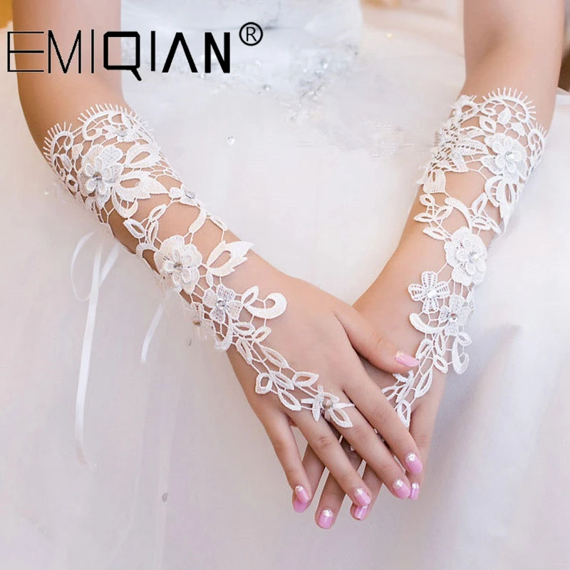 Ivory Short Wedding Gloves Fingerless Bridal for Women Bride Lace Luva De Noiva Accessories