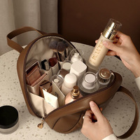 Travel Makeup Bag Cosmetic Bags for Women PU Waterproof Portable Pouch Open Flat Toiletry Bag Make up Organizer with Divider