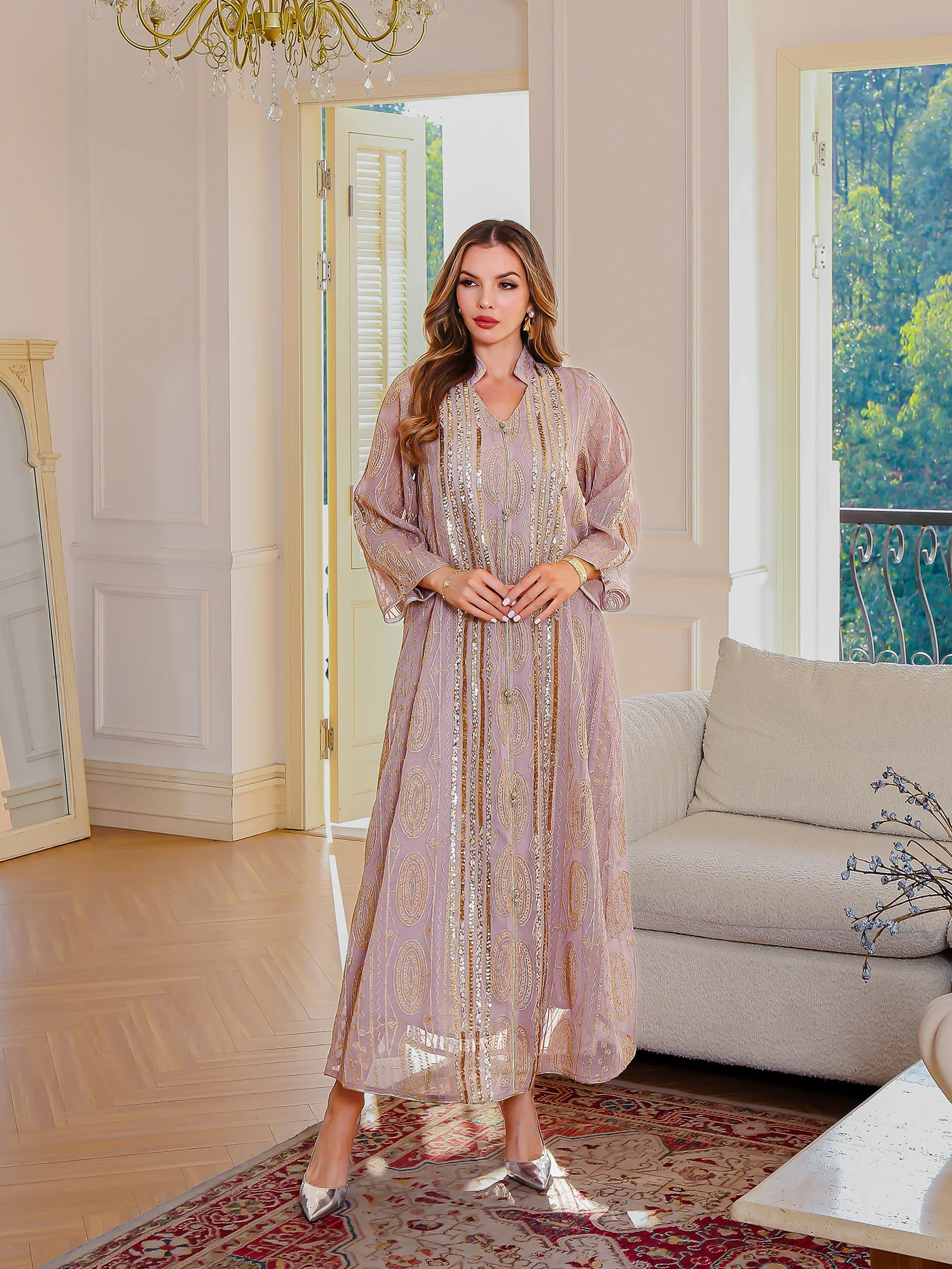 

2025 Jalabiya Ramadan Moroccan Fashion Loose Women Clothes Muslin Elegant Sequins Robe Arab Long Sleeved Abayas Kaftan Arab