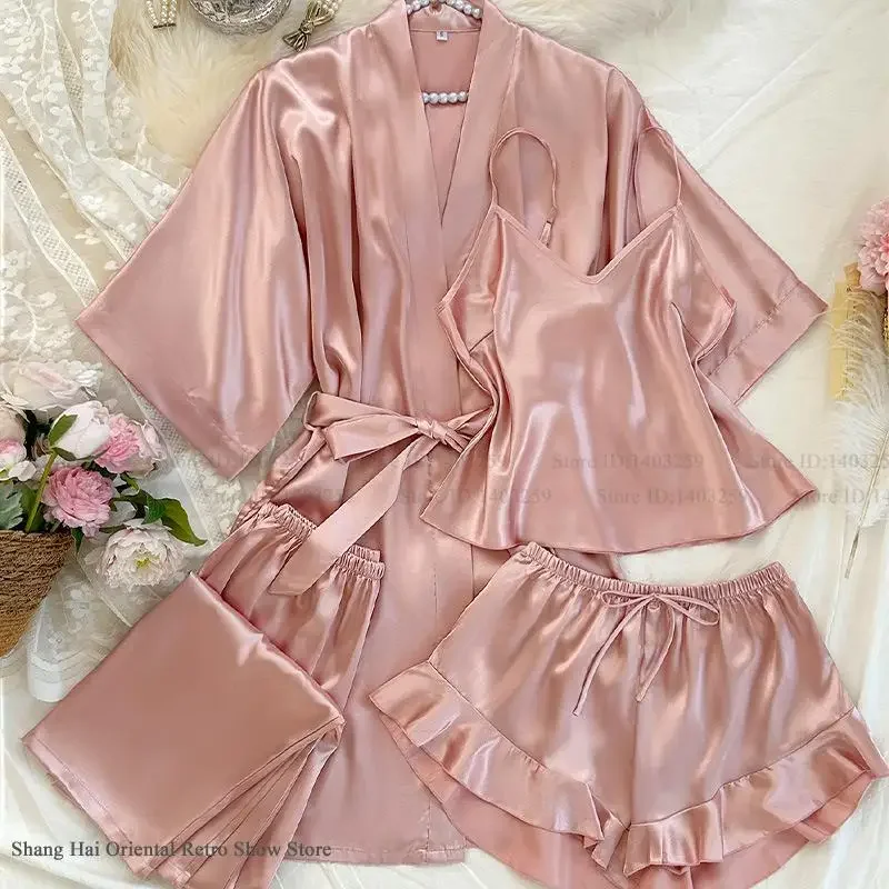 Women Pajamas 4PCS Set Spring Summer New Sleepwear Loungewear Sexy Bathrobe Gown Suspender Pijamas Suit Silky Satin Home Clothes - Image 2
