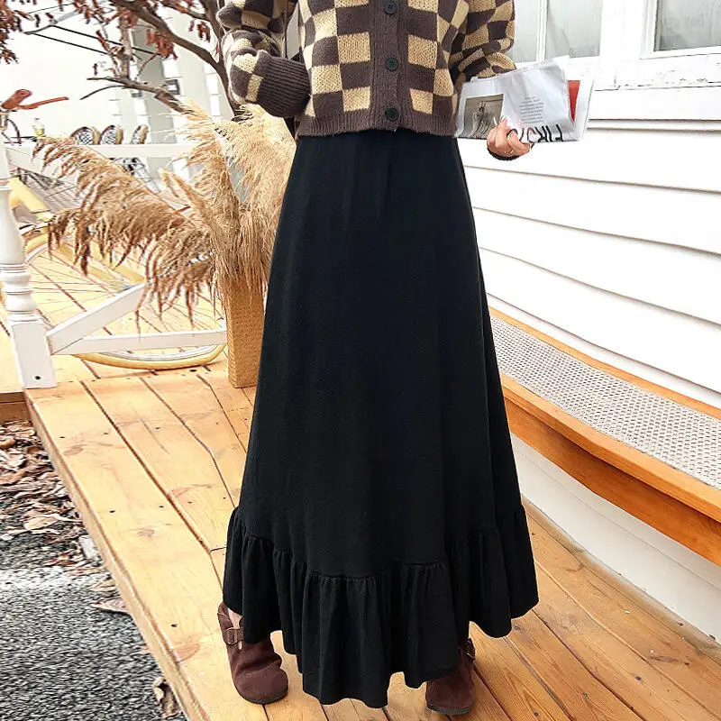 Saia longa de malha feminina outono inverno retro cintura alta versão coreana lazer idade reduzindo borda folha de lótus saia plissada