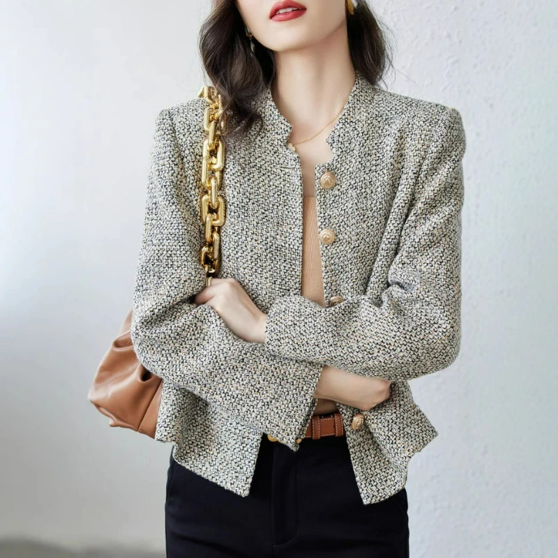 

French Style Little Chiffon Blazer for Women 2026 Spring/Autumn New Arrival Stand Collar Wool Fashionable Chic Unique Short Top