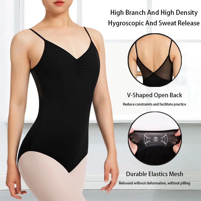 Women Microlux Princess V-Front Seam Ballet Camisole Dance Black Leotard With Front Two-line Splicing,V-Shaped Back Mesh Splice